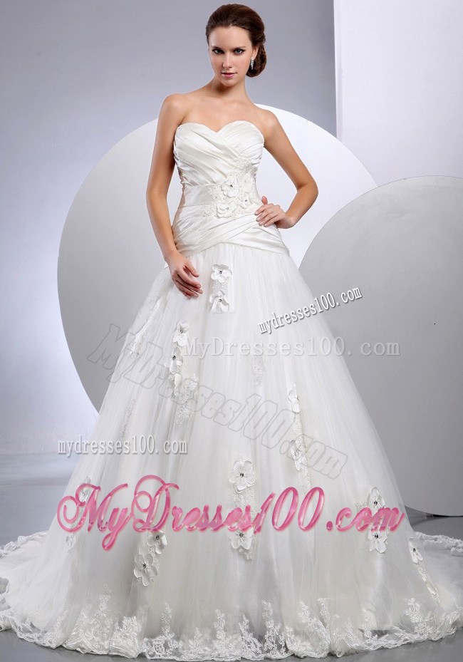 Sweetheart Ruched Court Train Bridal Dresses with Flowers and Lace Hemline